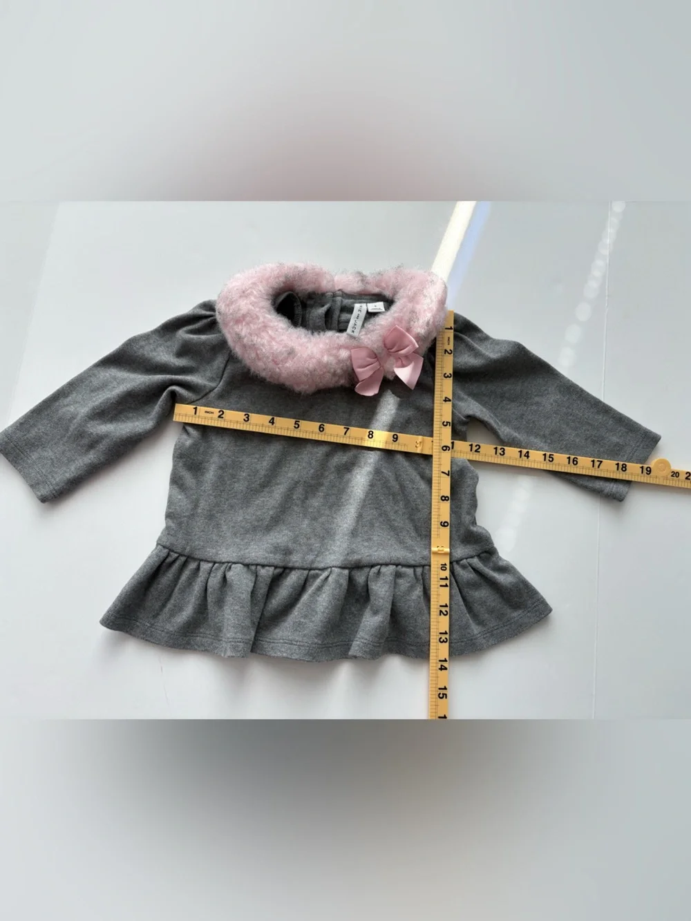 KIDS Janie and Jack Girls Gray Peplum Top Pink Faux Fur Collar Bow Size 5